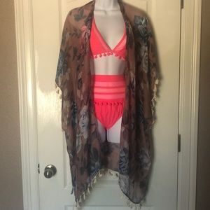 NWT Floral Tassel Fringe Kimono Mauve Cardigan Cover up os one size